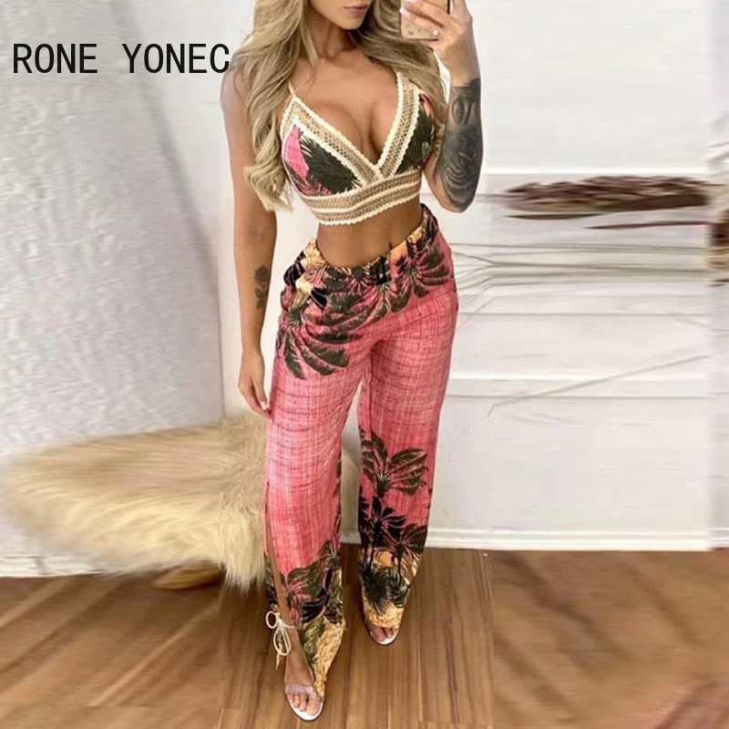 UForever21 Women Tropical Print Lace Trim Crop Top & Slit Pants Set  Women Summer Vacation Suit