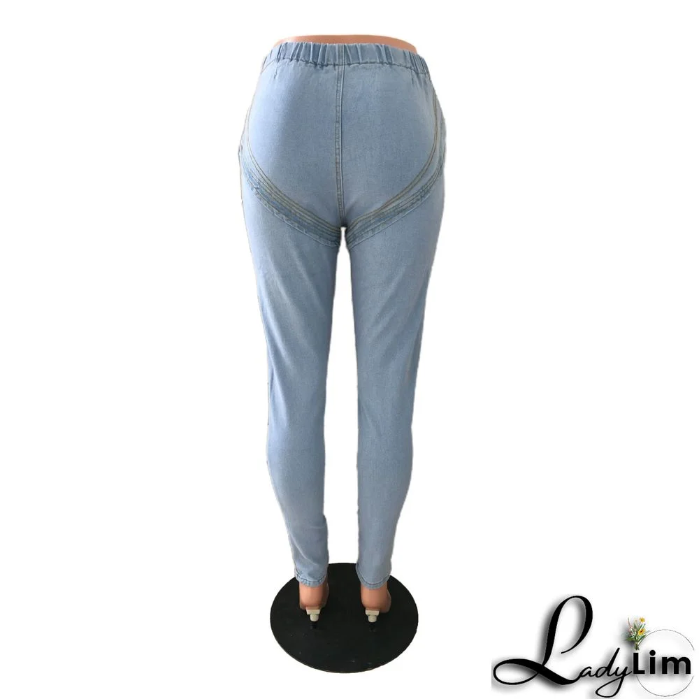 Solid Color Zipper Stretch High-rise Jeans