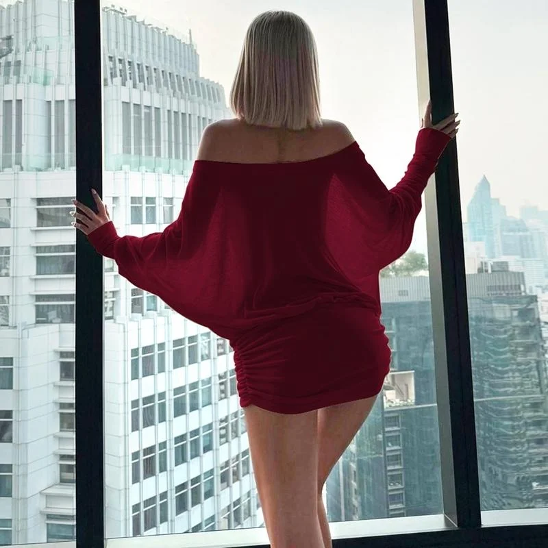 Women's Off The Shoulder Ruched Party Dress Sheer Long Sleeve Mini Dress Elegant Bodycon Dresses for Spring Fall Womenswear