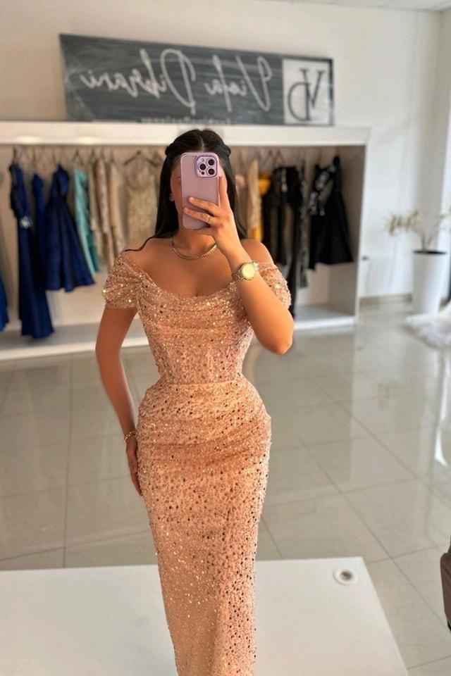 Lisliy Glamorous Sequins Off the Shoulder Strapless Long Prom Dress with Pleated