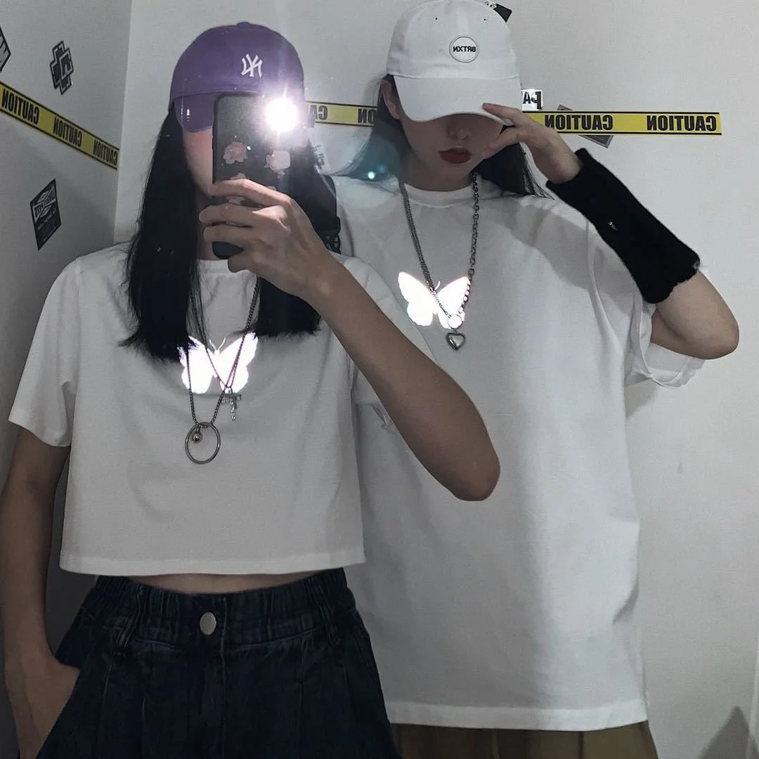 T-shirts Women Short Sleeve Reflective Butterfly Print Crop Tops Couple Brandy Streetwear Chic Casual Loose Fashion Vintage Tees