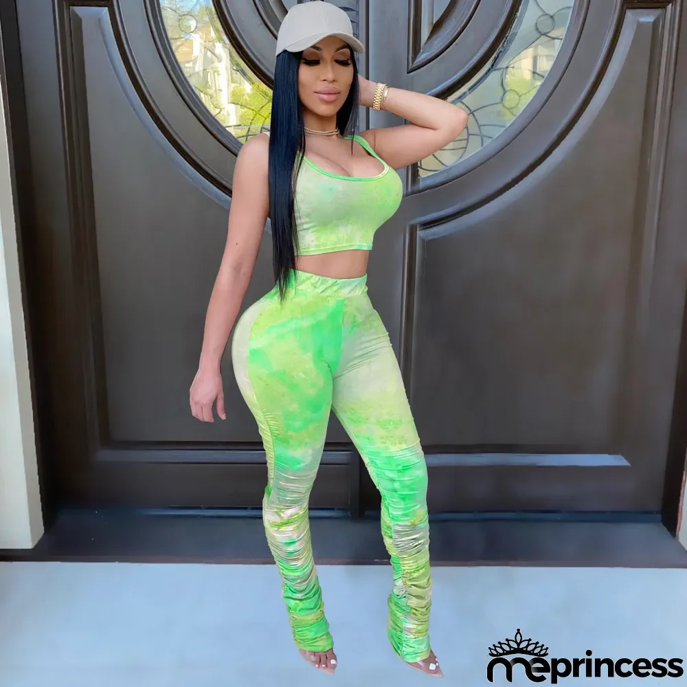 Tie Dye Print Cami Top Stacked Pants Two Piece Suits