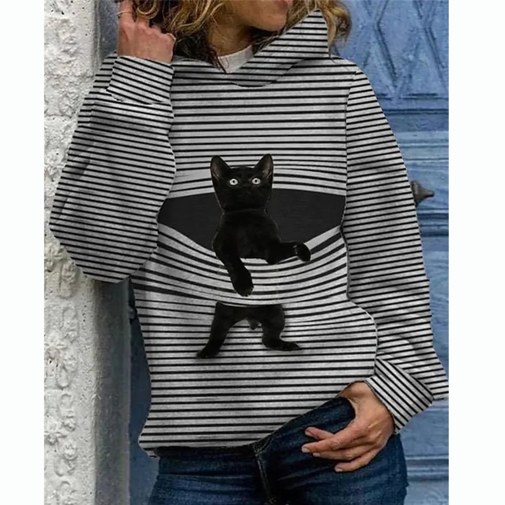 Casual Striped Cat Print Hoodie