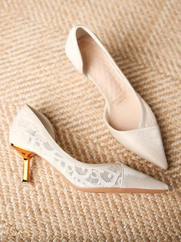 Side hollow pointed toe shallow mesh lace fashion stiletto heels