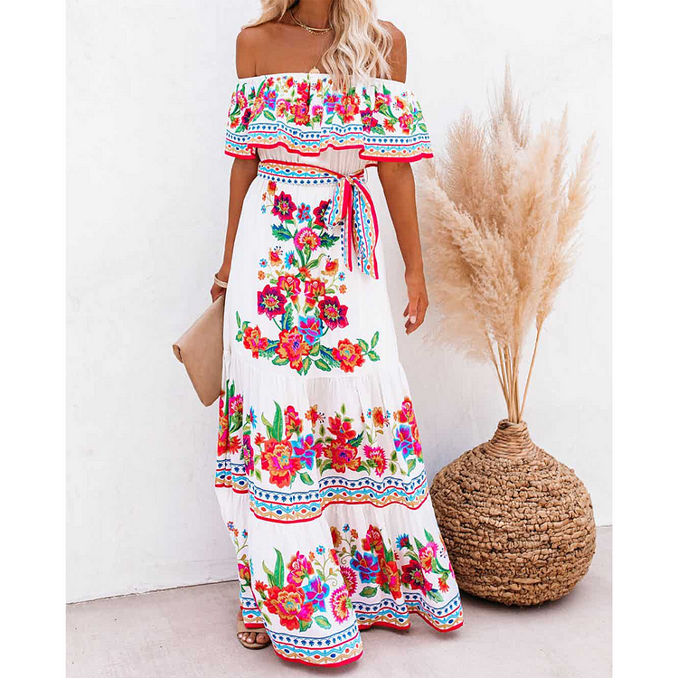 Fashion Off Shoulder Blossom Printed  Maxi Dress