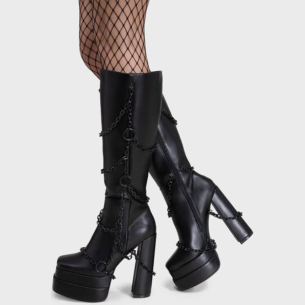 Black Square Toe Platform Chain Knee-High Heeled Boots with Zipper