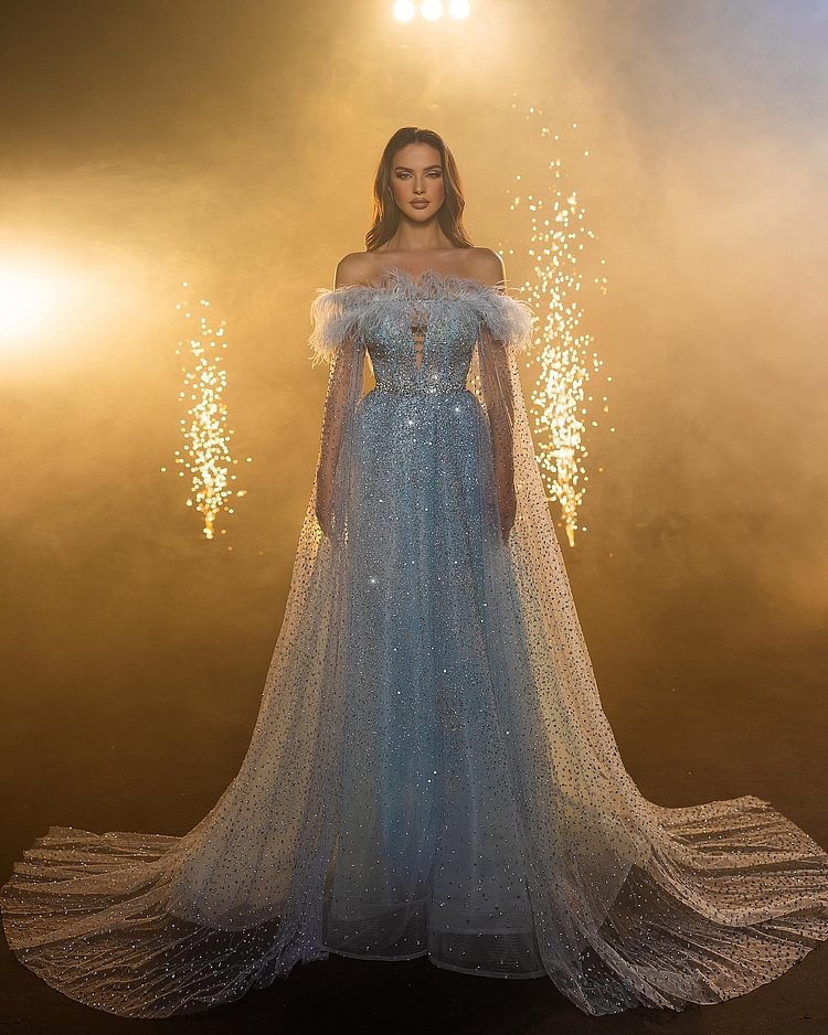Hellodresses Sequins Blue Feather Off the Shoulder A line Prom Dress With Beading