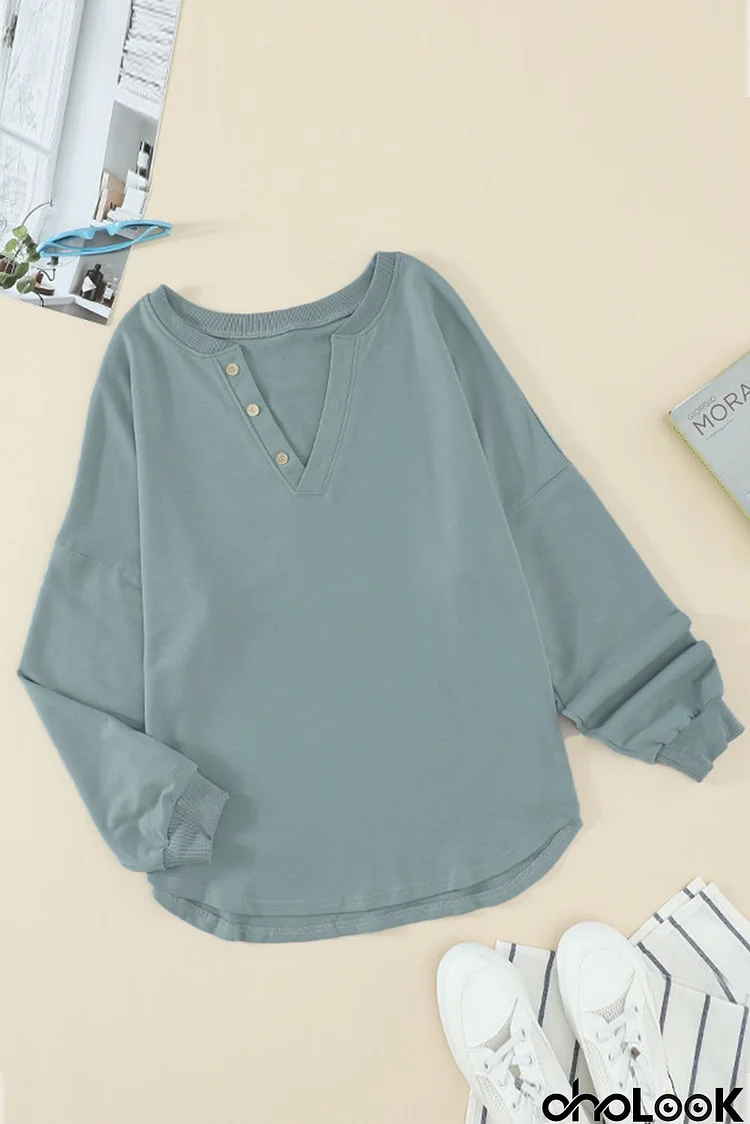 Green Buttoned V Neck Cotton Loose Fit Top