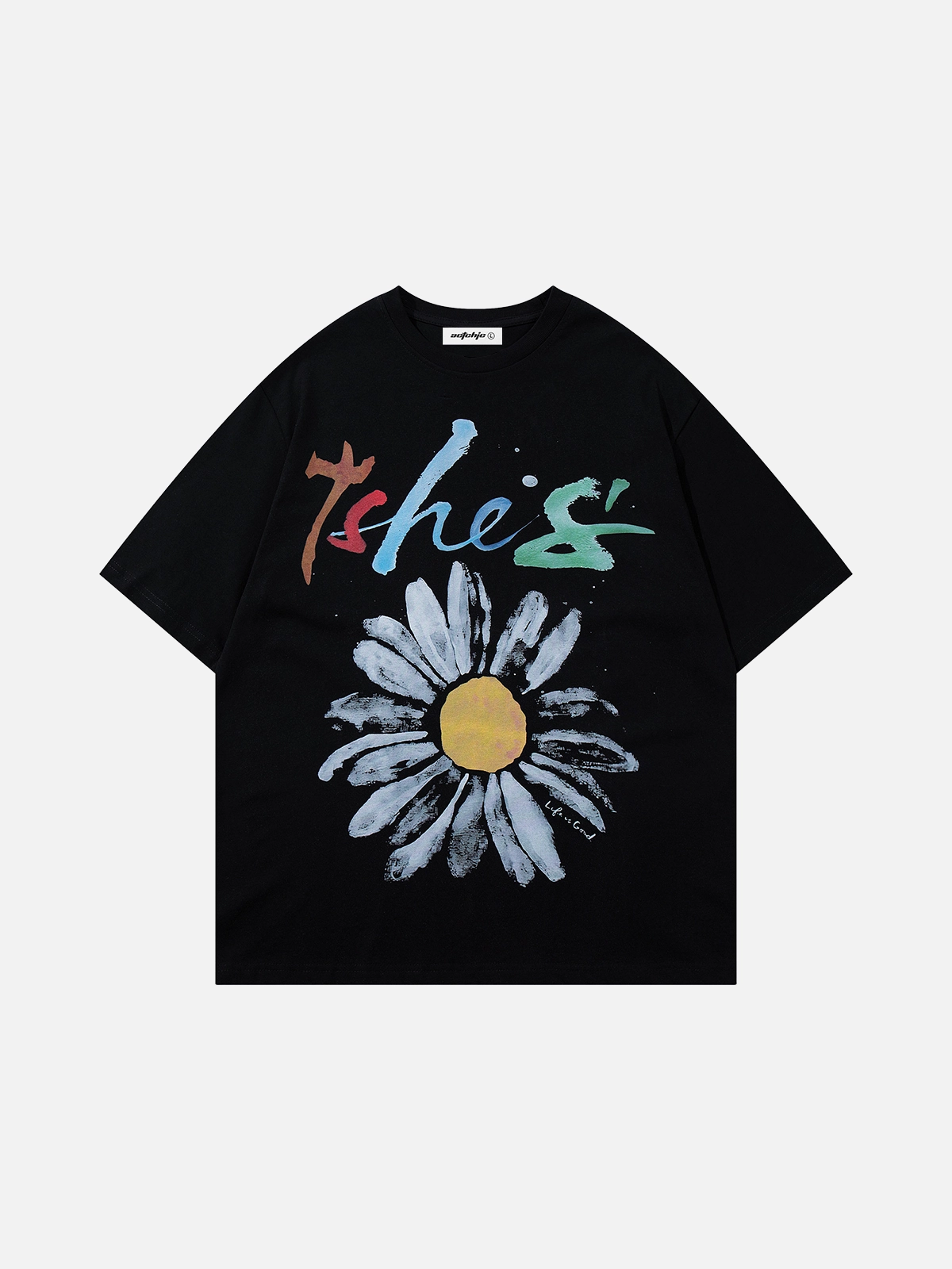 Black Act Chic Daisy Letter Graphic Tee Front