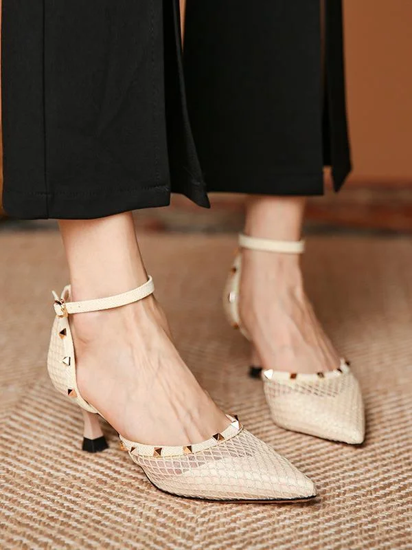 Fashion pointed toe comfortable breathable mesh stiletto rivet high-heeled shoes