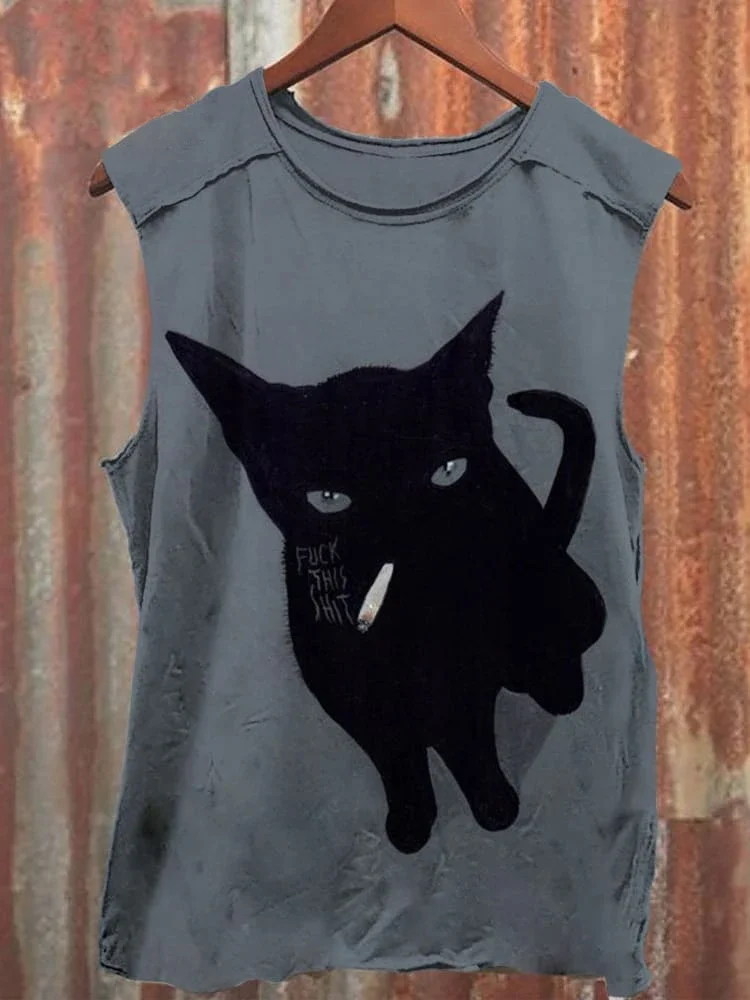 Fuck Smokecat Print Casual Tank Top