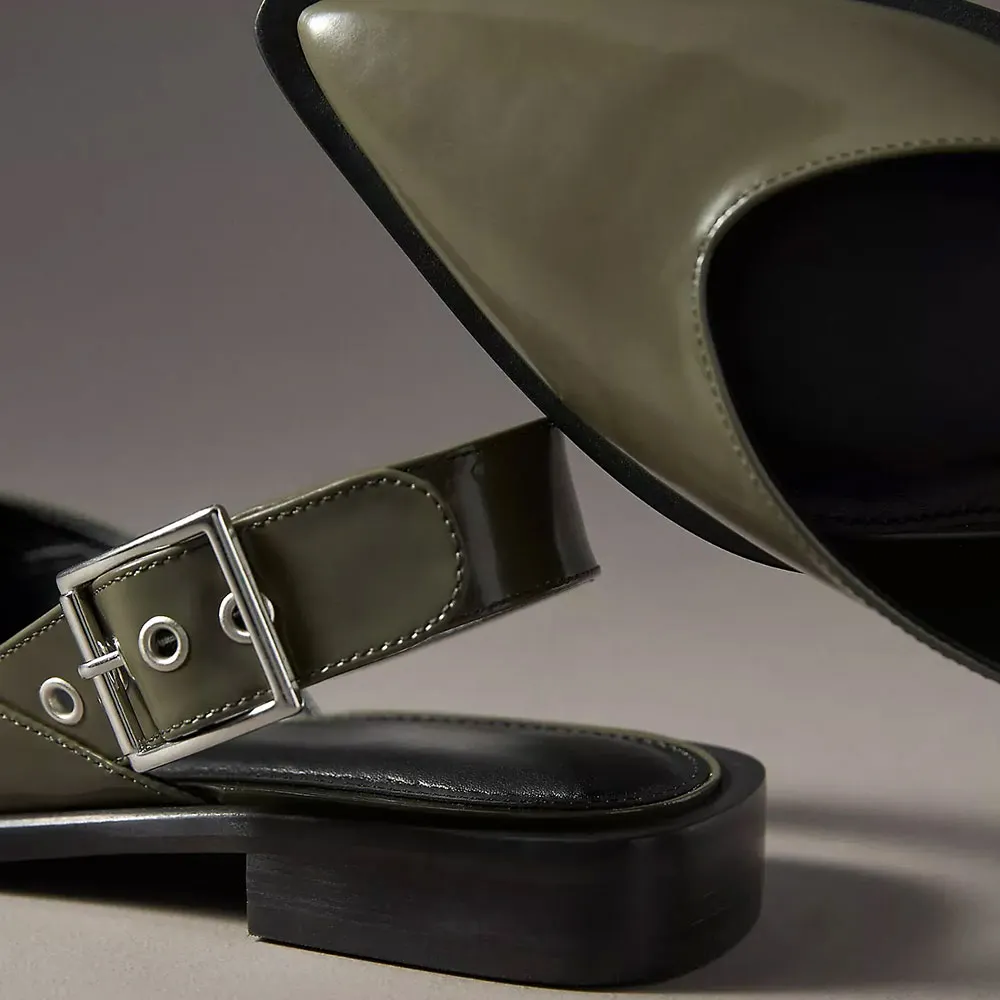 Classic Olive Vegan Leather Slingback Pointed Toe Flats with Buckle