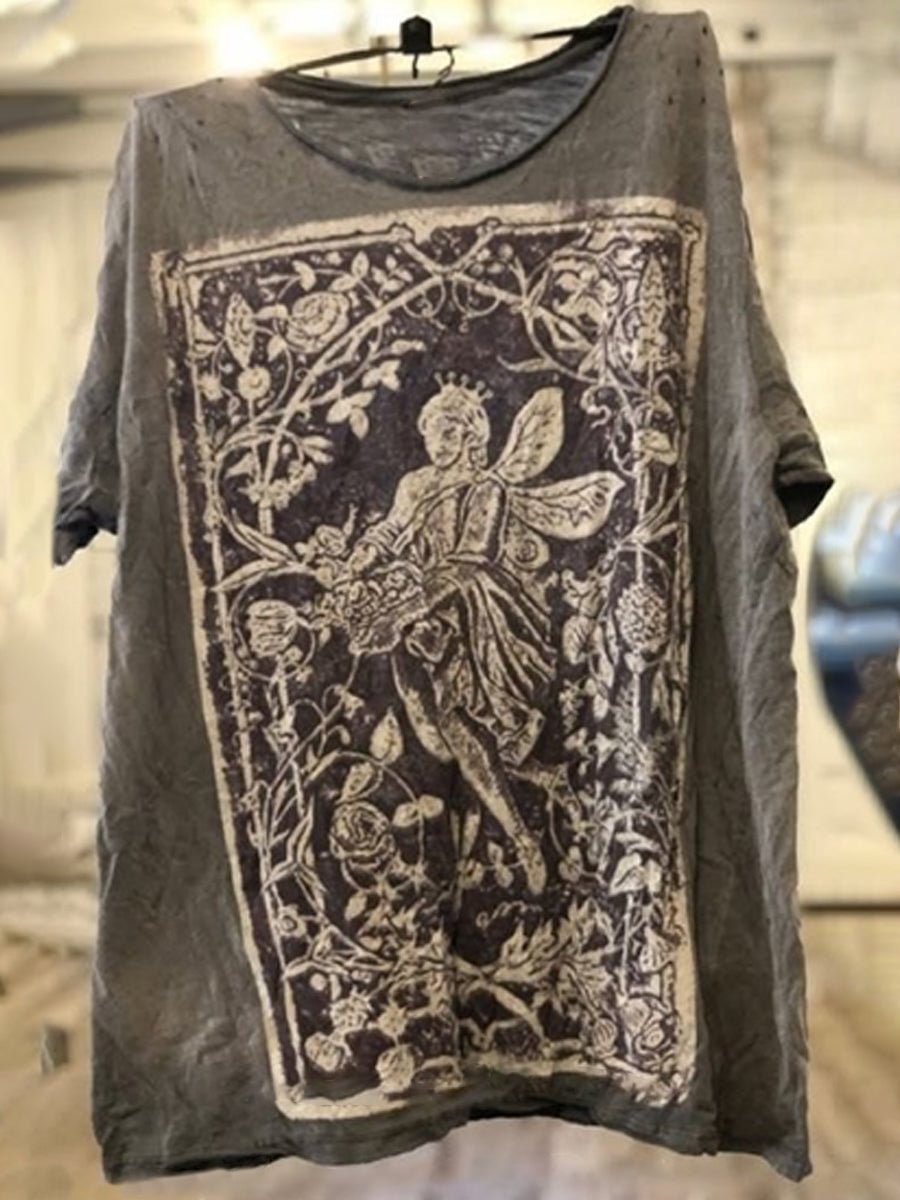 Casual Printed Middle Sleeve Loose Crew Neck Top