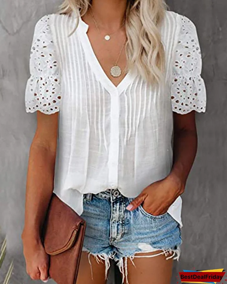 V Neck Eyelet Embroidery Sleeve Button Design Top P7990478331