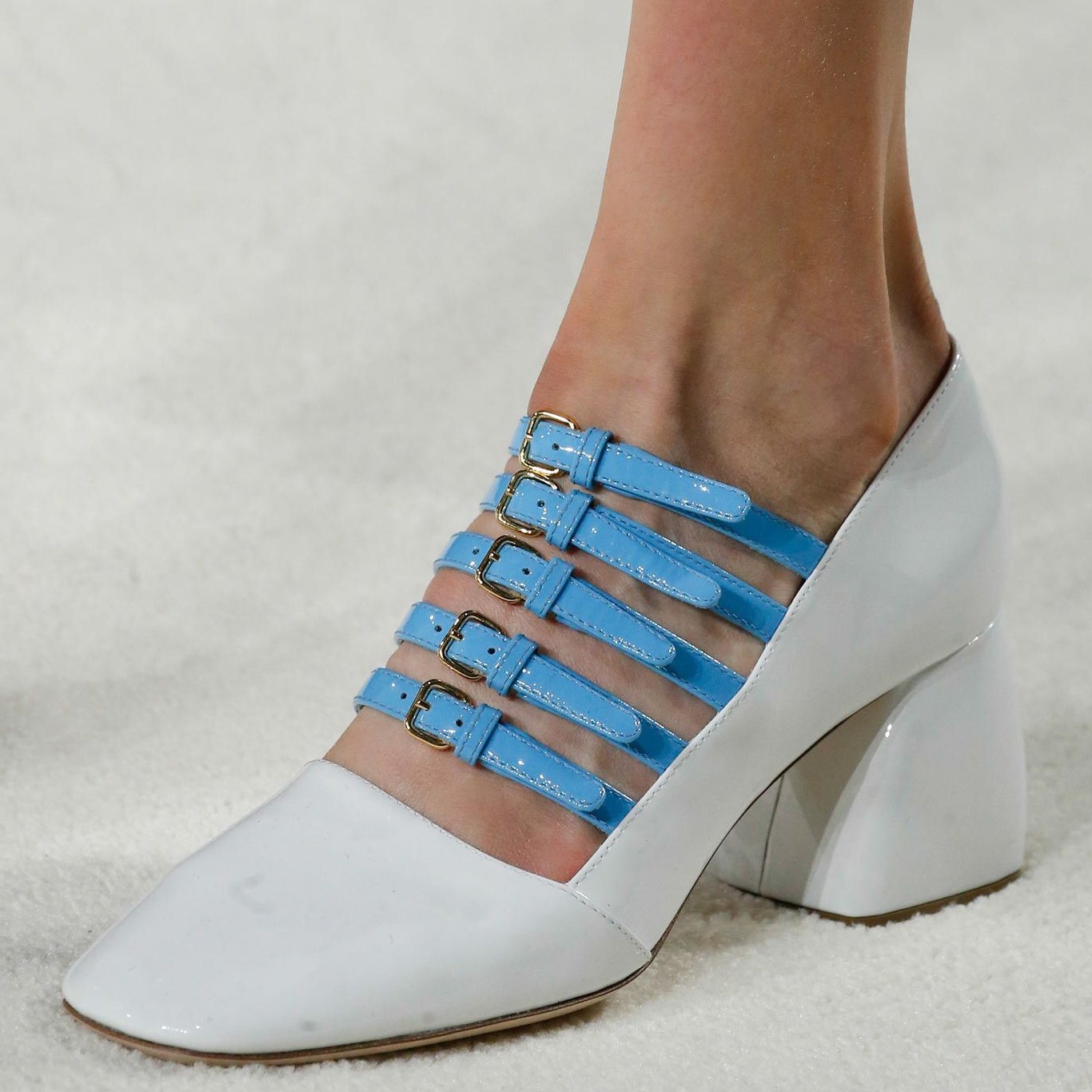 White and Blue Buckles Mary Jane Pumps Block Heels Vintage Shoes|FSJshoes