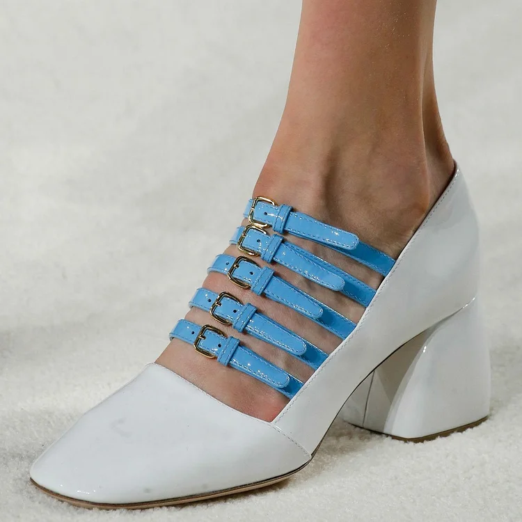 White and Blue Buckles Mary Jane Pumps Block Heels Vintage Shoes |FSJ Shoes