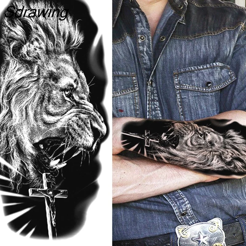 Sdrawing Tiger Temporary Tattoos For Men Women Kids Lion Skull Cross Tattoo Sticker Black Compass Skeleton Tatoos Leg Thigh 328-1