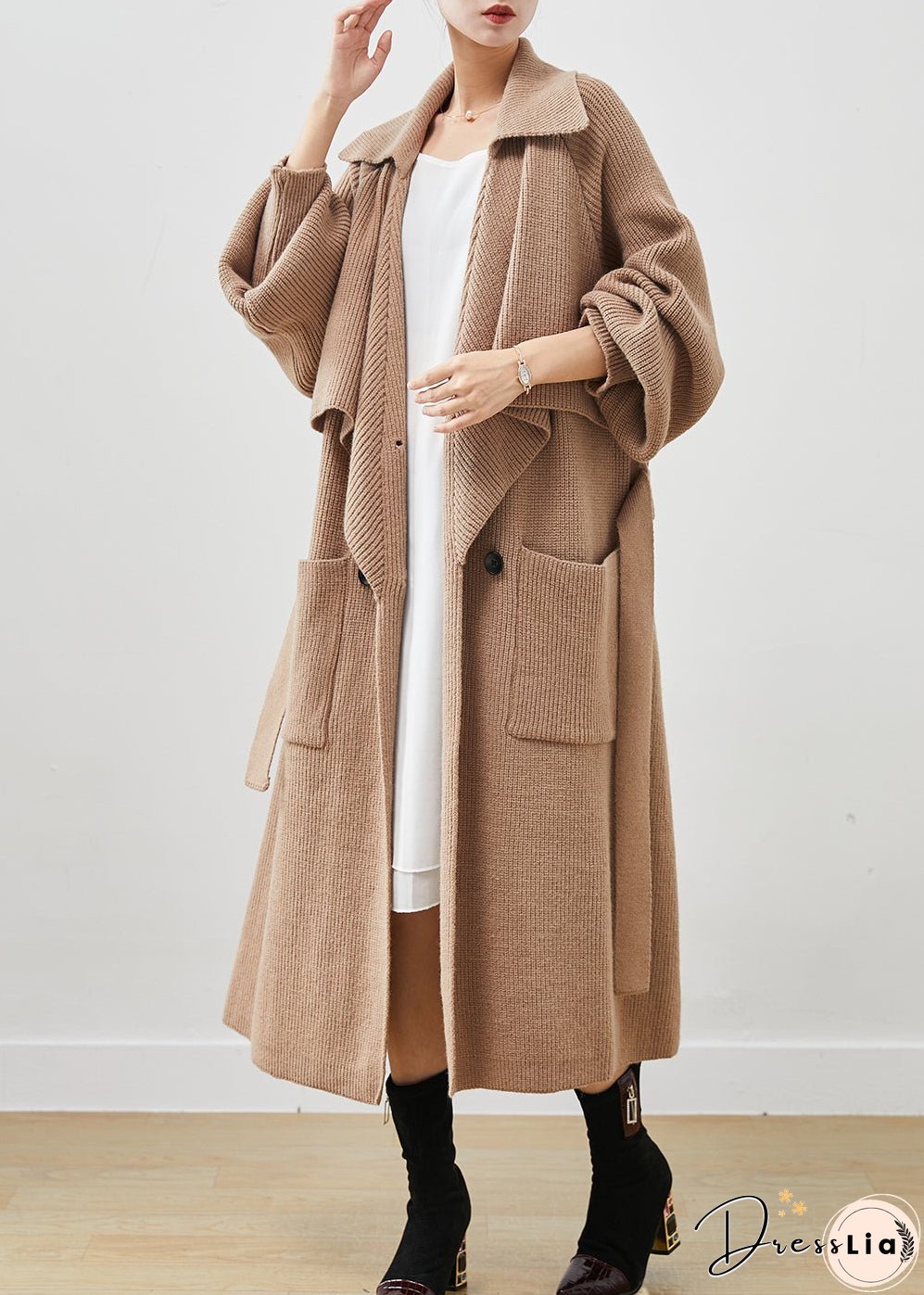 Simple Khaki Notched Oversized Pockets Knit Trench Spring