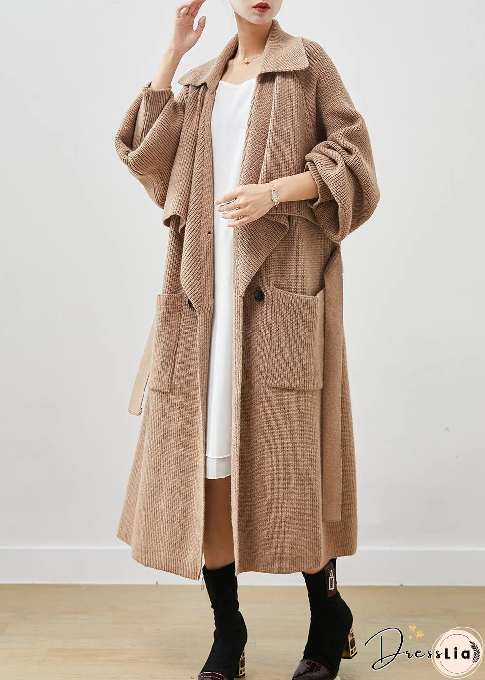 Simple Khaki Notched Oversized Pockets Knit Trench Spring