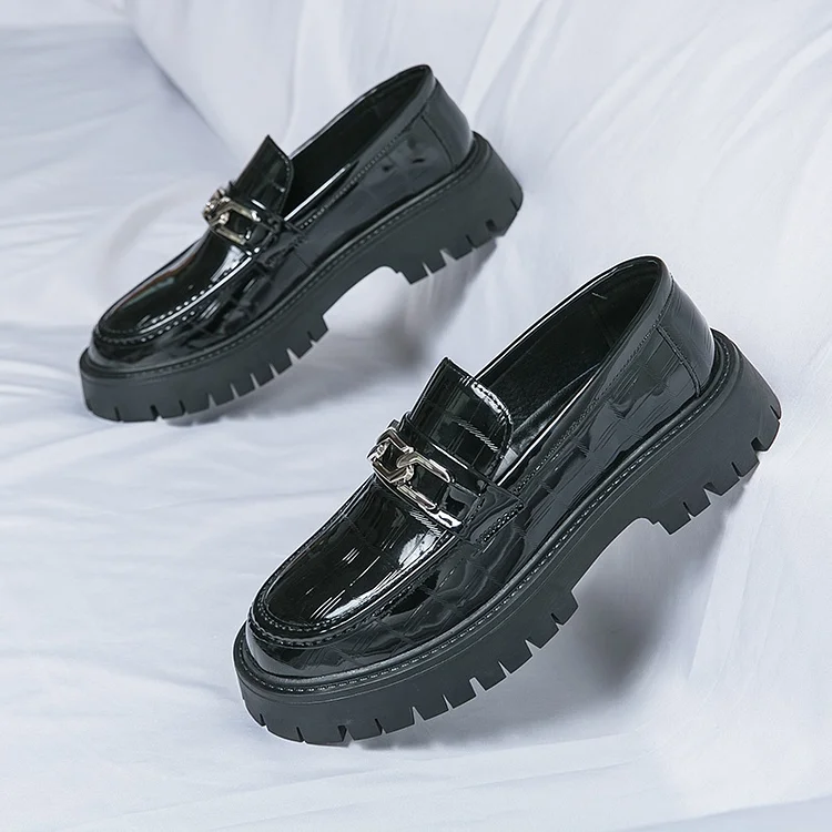 Kakacloud Spring Summer Patent Leather Shoes with Thick Sole Anti-slip Wearable Fashion Luxury Men Slip on Round Toe Shoe Breathable Flats