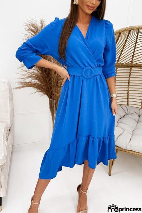 Ruffles V Neck Half Sleeve Dress