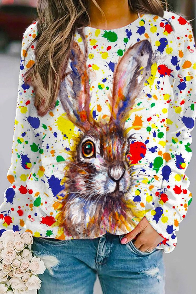 Retro Easter Cute Bunny Watercolor Floral Print Sweatshirt