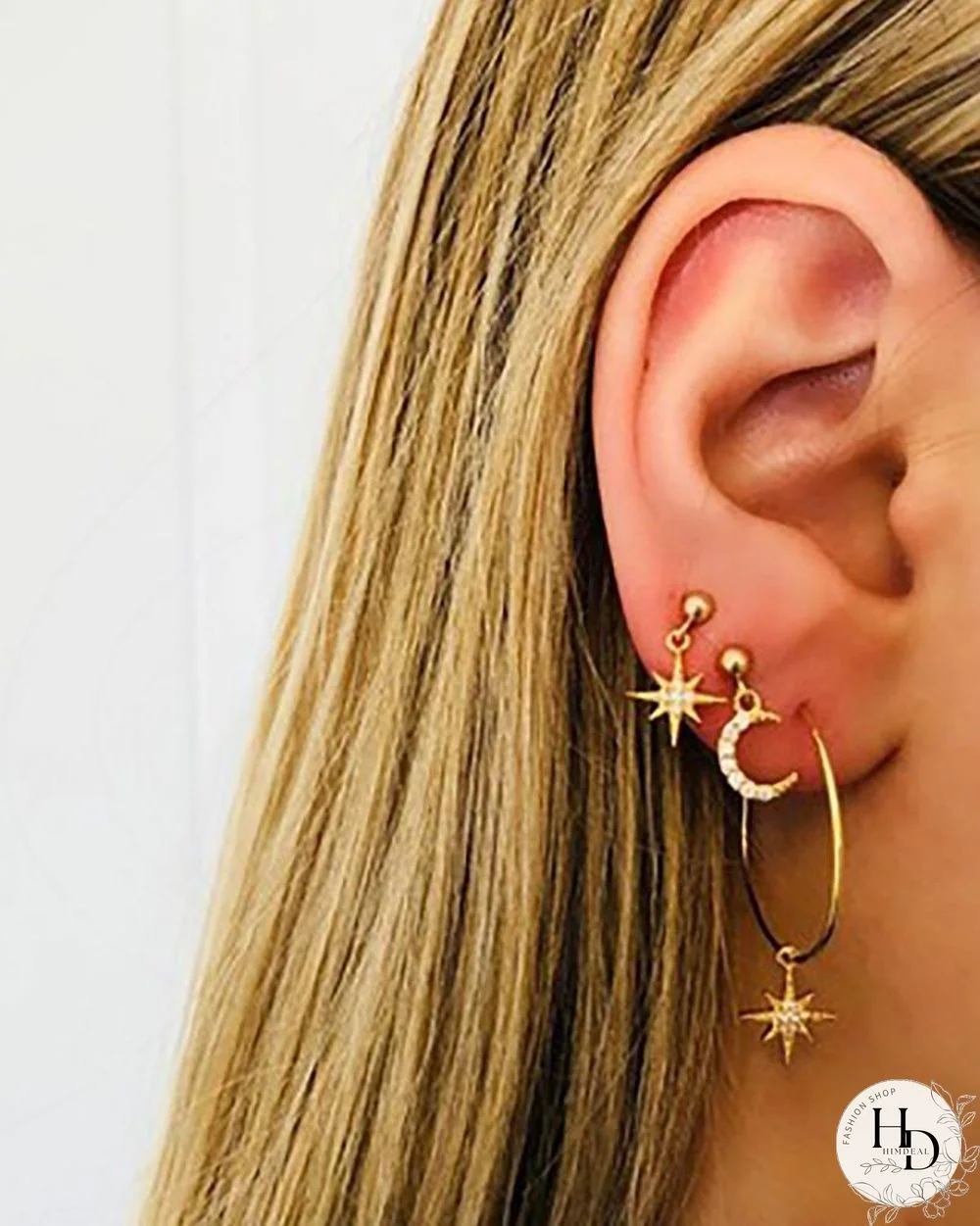 2Pairs Moon & Star Pattern Studded Earrings