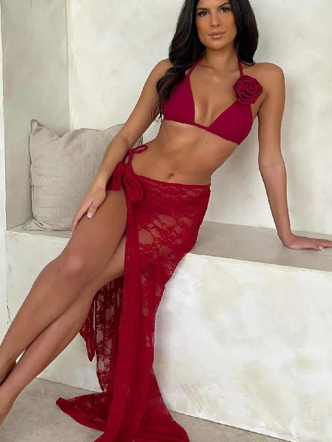 Uveng Three-Point Solid-Color Bikini Sexy Strapped Split Swimsuit Women's Three-Piece Set 2025 New
