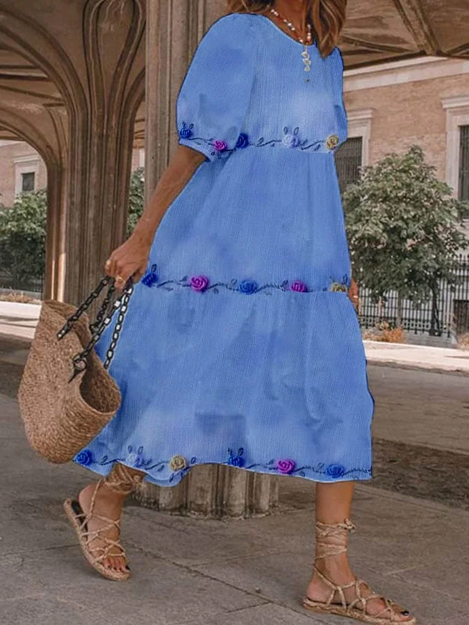 Women's Three-Dimensional Floral Print Lantern Sleeve Dress
