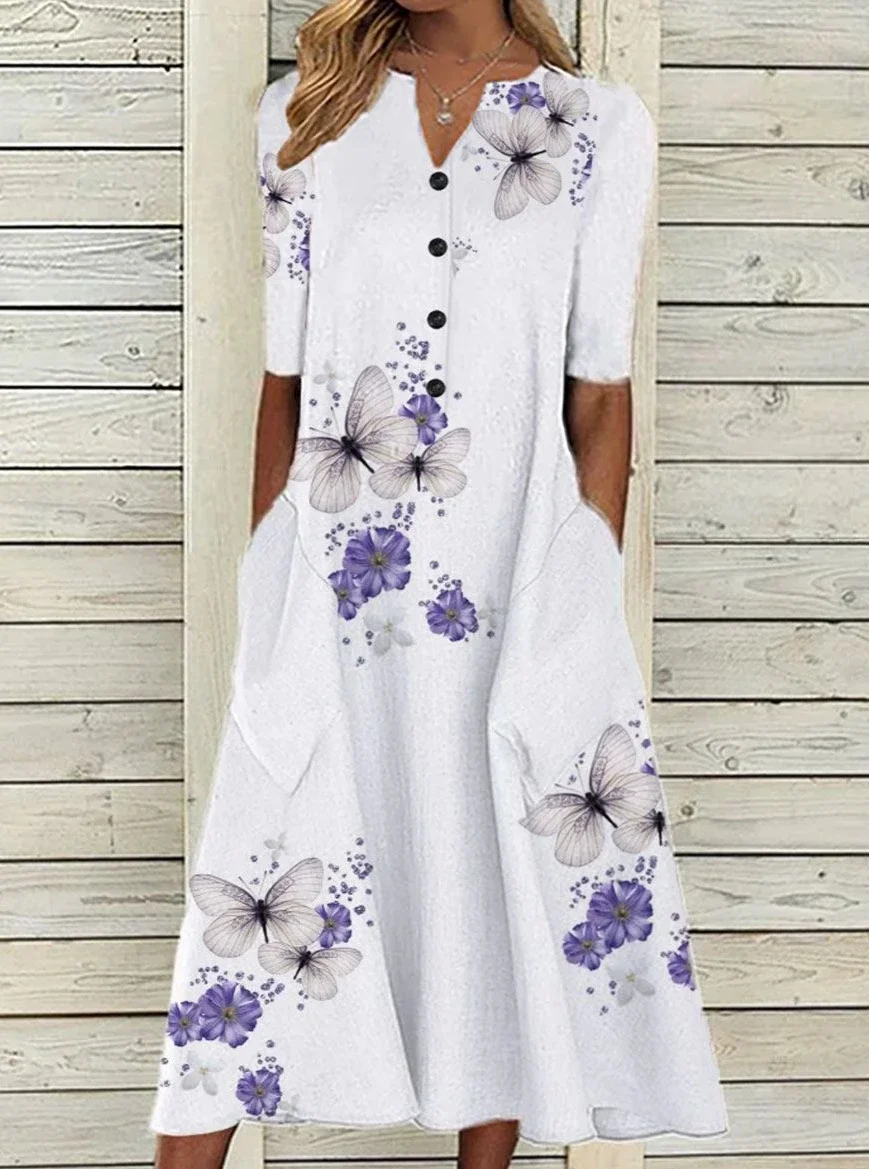 Butterfly Print Long Sleeve Casual Maxi Dress White Dresses | EGEMISS