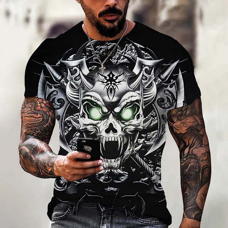 Vintage Horror Skull 3D Print Casual Short Sleeve Men's Black T-shirts at Hiphopee