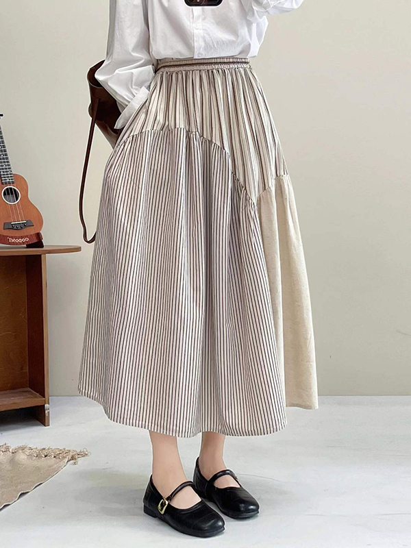 Retro Elastic Waist Stripe Patchwork Half Skirt