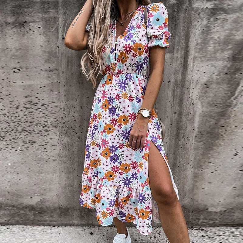 Women Floral Print V Neck Side Slit Party Dress Spring Autumn Long Sleeve Elegant Ladies Sexy Elastic Waist Slim Dress Vestidos