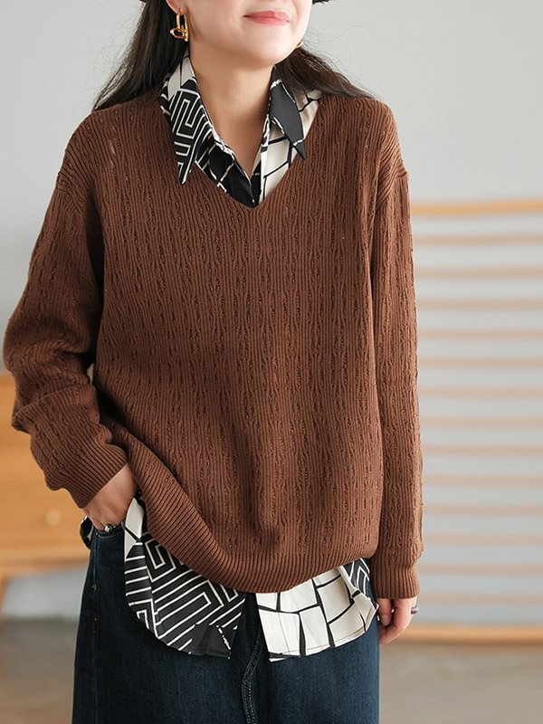 Vintage Solid Color Hollow V-Neck Pullover