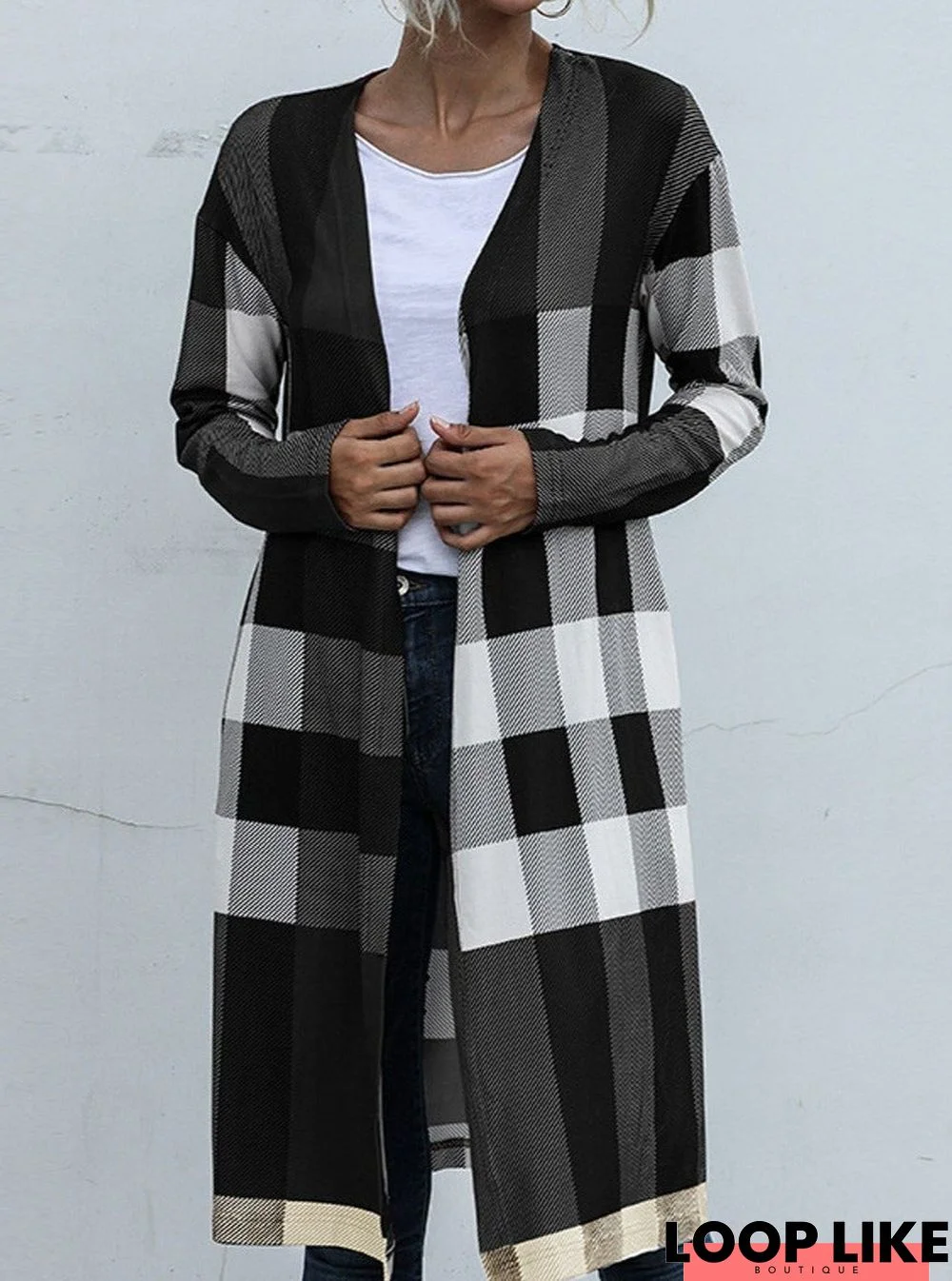 Casual Plaid Stitching Buttonless Long-Sleeved Cardigan