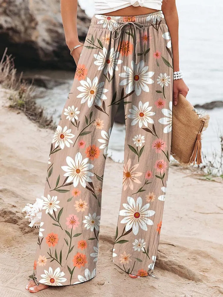 Women's Lovely Floral Art Printed Cotton And Linen Casual Pants