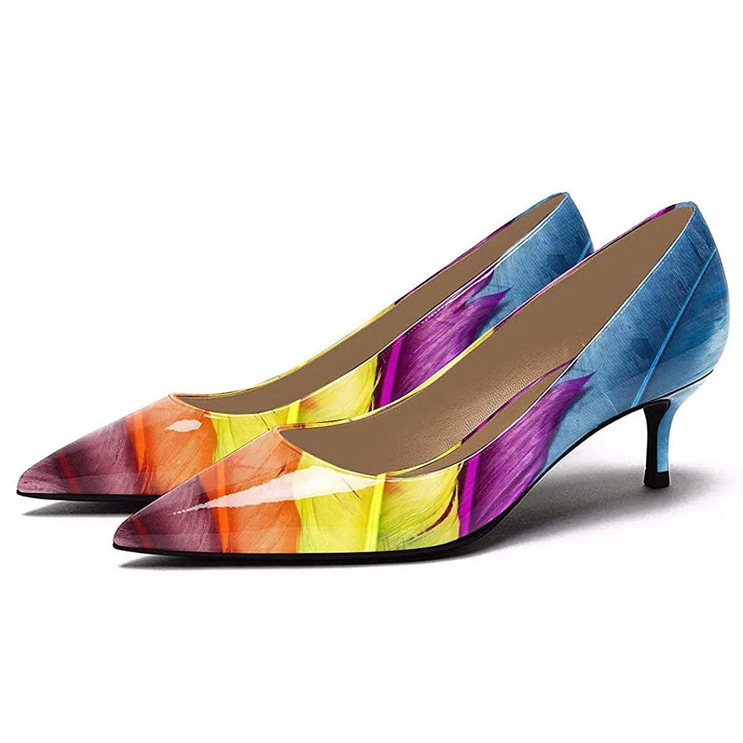 Patent Leather Multicolor Feather Print Comfortable 2 Inch Heels