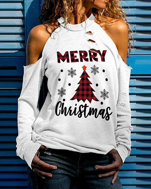 Christmas Tree Print Cold Shoulder Long Sleeves Casual Blouses