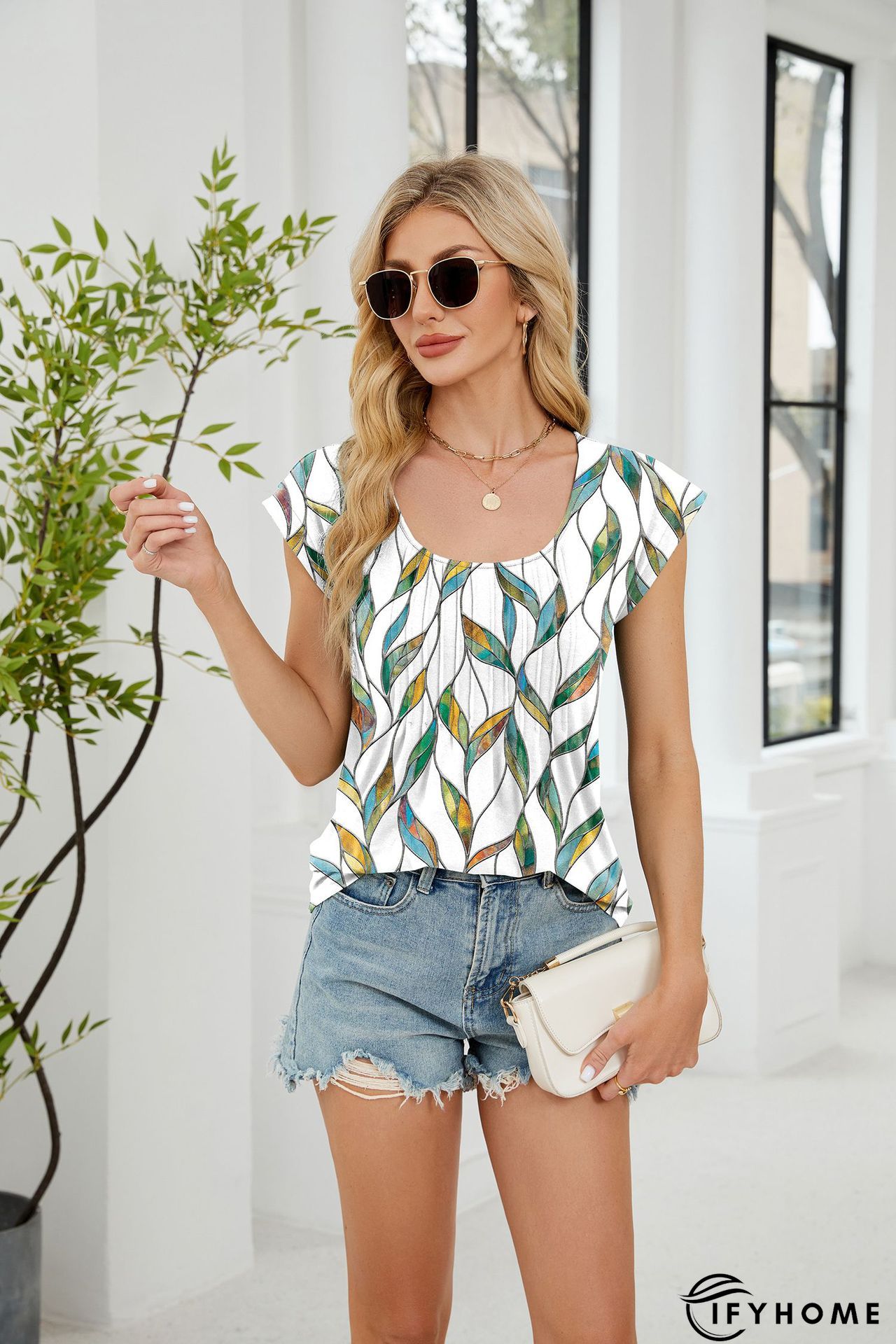 Women's Home Casual Daily Geometric Painting T shirt Tee Striped Scenery Short Sleeve Print Round Neck Ethnic Vintage Top | IFYHOME