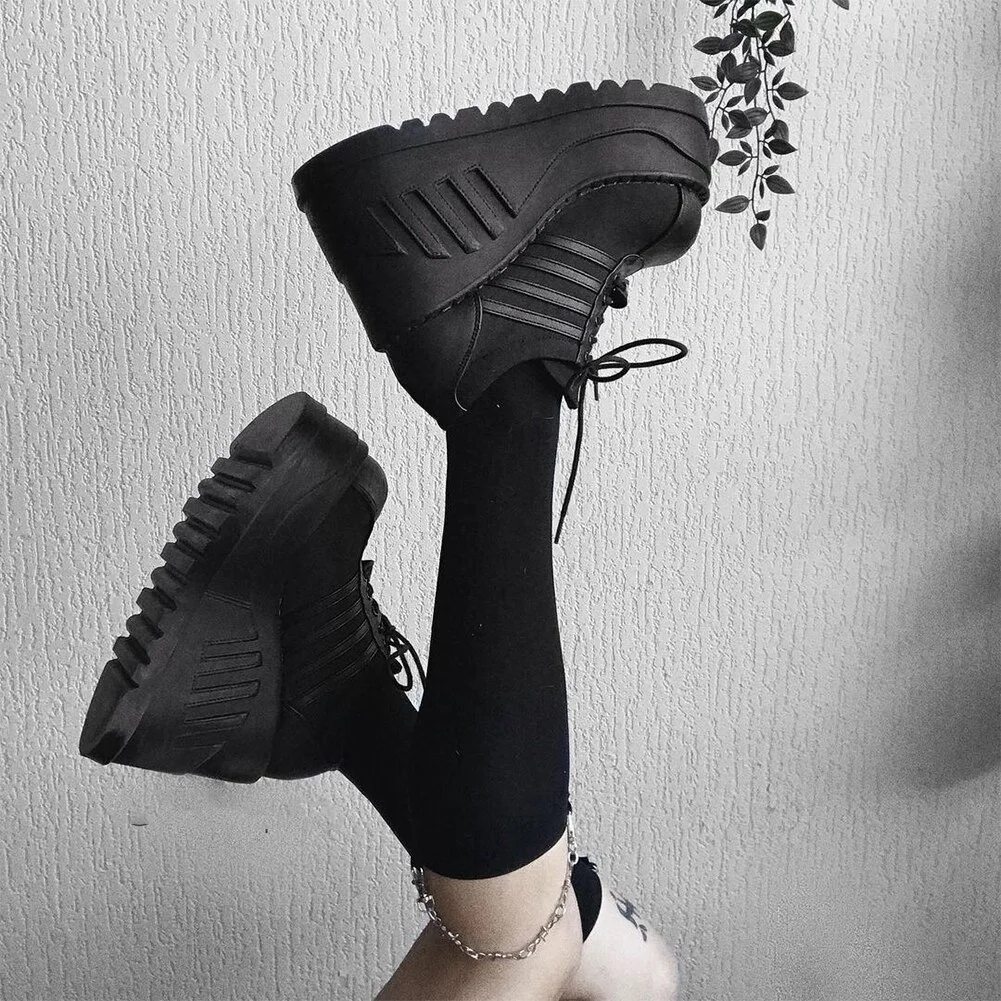 Qengg Platform Goth Wedges Women Shoes Lace Up Brand Designer Chunky Punk Cool women's Sneakers High Quality Ladies Shoes