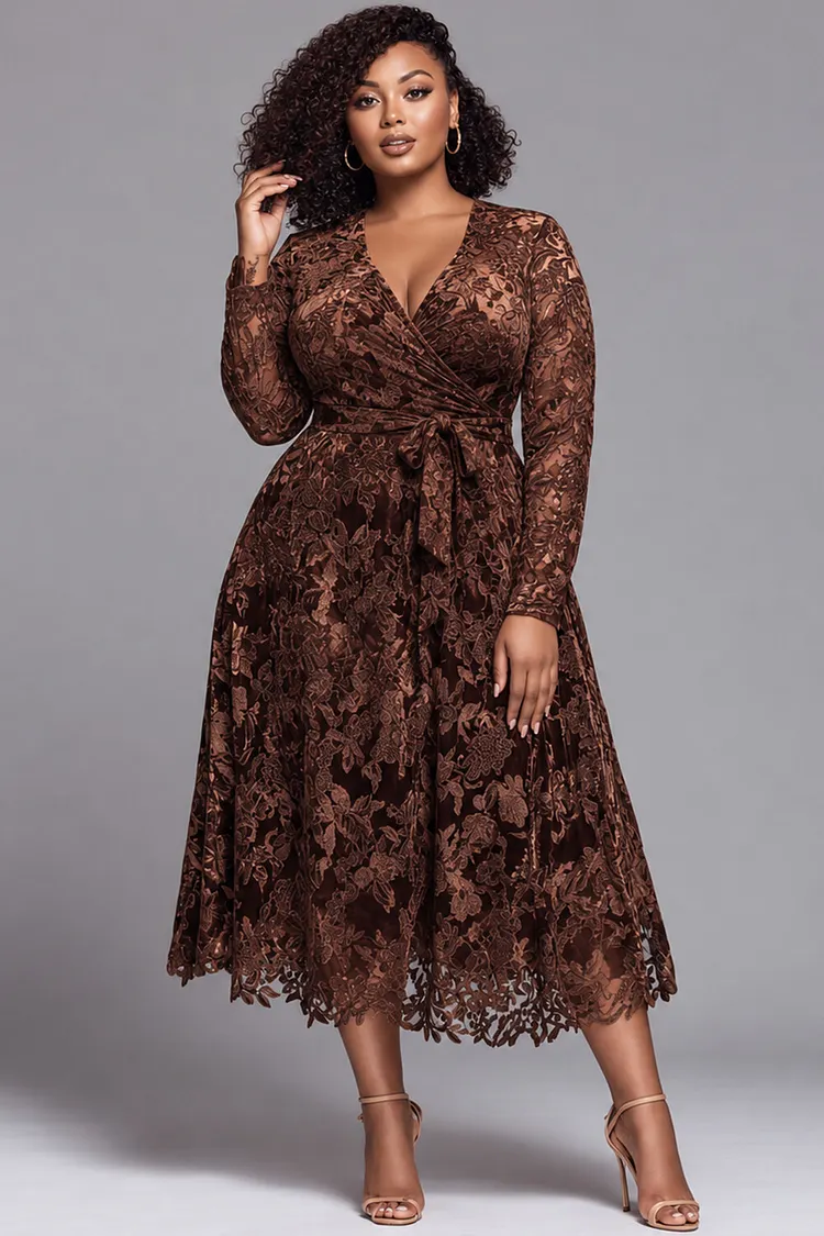 Xpluswear Design Plus Size Cocktail Party Elegant Brown Wrap Neck Long Sleeve Wrap Lace Midi Dresses [Pre-Order] 2024 - Xpluswear