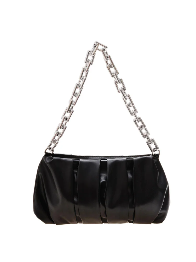 Retro Women PU Pleated Underarm Bag Solid Color Thick Chain Handbag (Black)