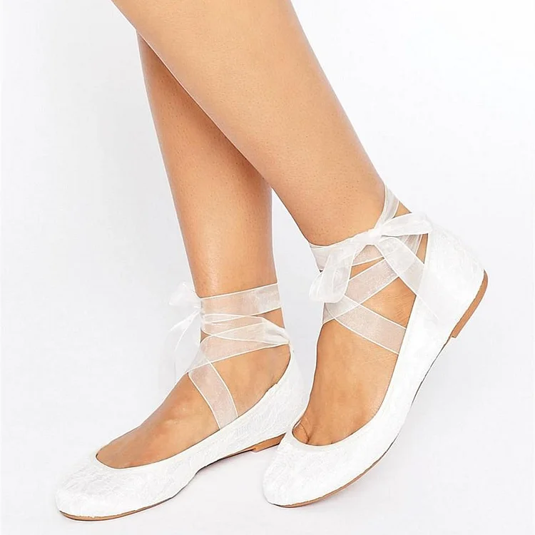 White Lace Ballet Flats Silk Ribbon Strappy Wedding Shoes |FSJ Shoes
