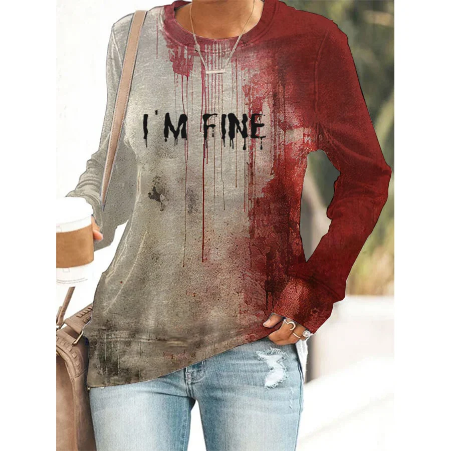Women's "Im OK" Halloween Blood Splatter Print Crew Neck Long Sleeve T-Shirt