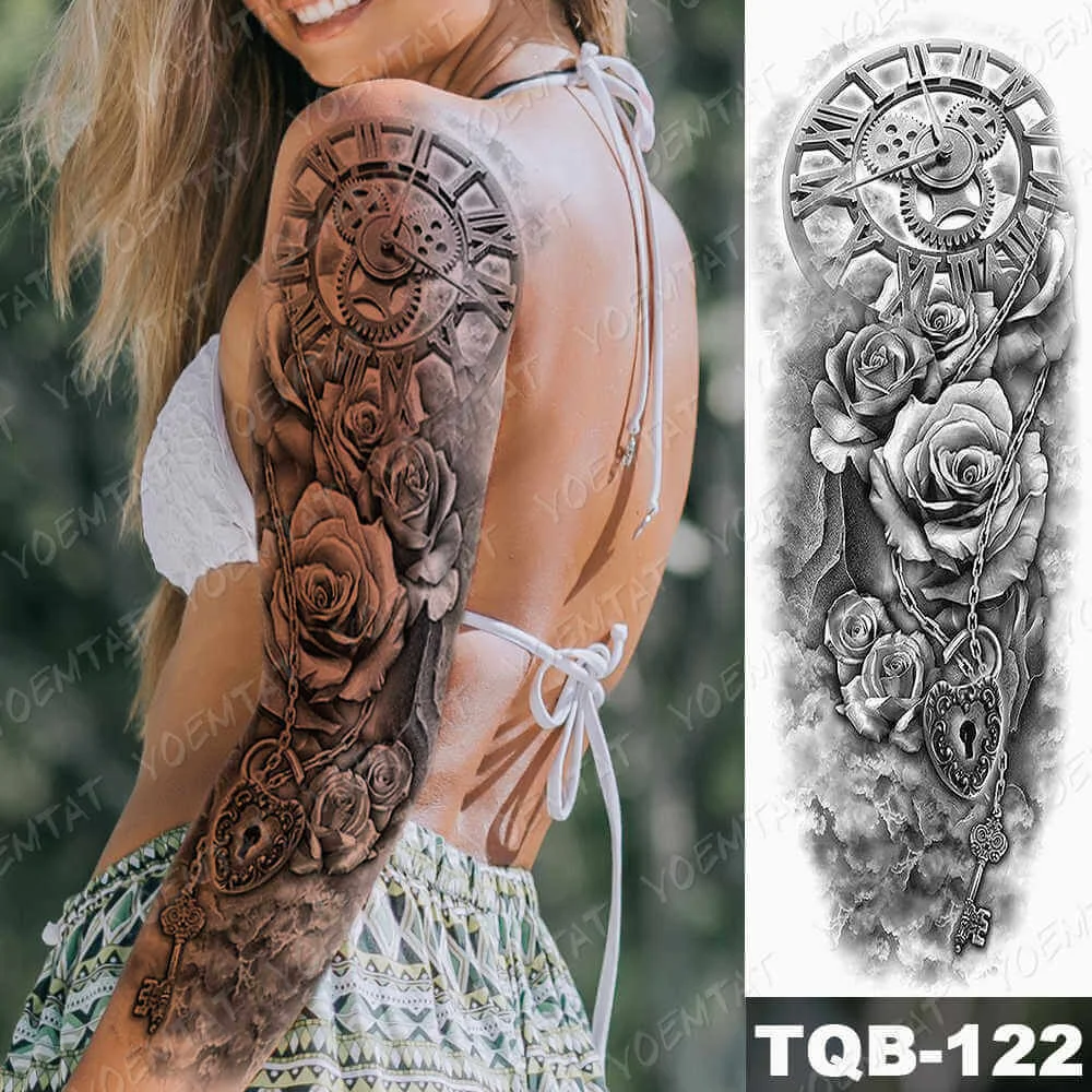 Large Arm Sleeve Tattoo Lion Tiger Clock Waterproof Temporary Tatto Sticker Rose Mask Body Art Full Fake Tatoo Women Men