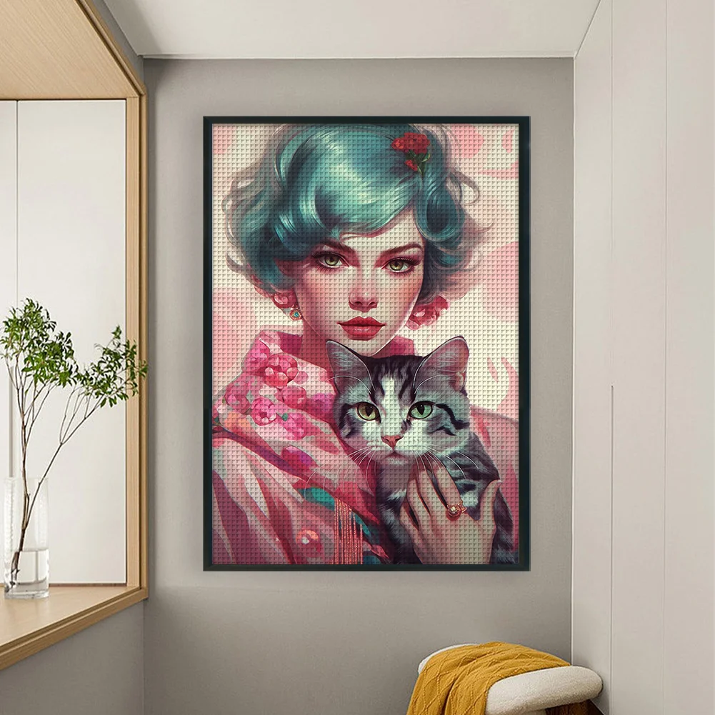11CT Full Stamped Cross Stitch - Short Hair Woman Cat(Canvas|40*60CM)