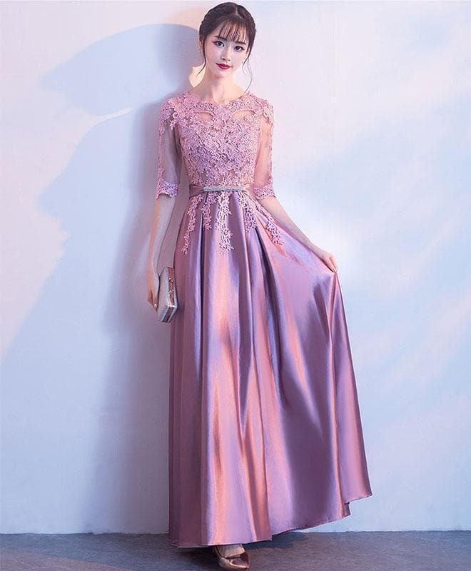 Pink A-Line Lace Long Prom Dress Pink Lace Bridemaid Dress