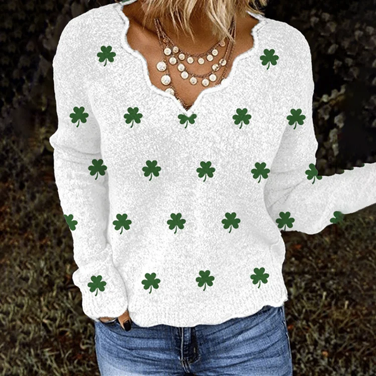 VChics Women's St. Patrick's Shamrock Print Shell Collar Cozy Knit Sweater