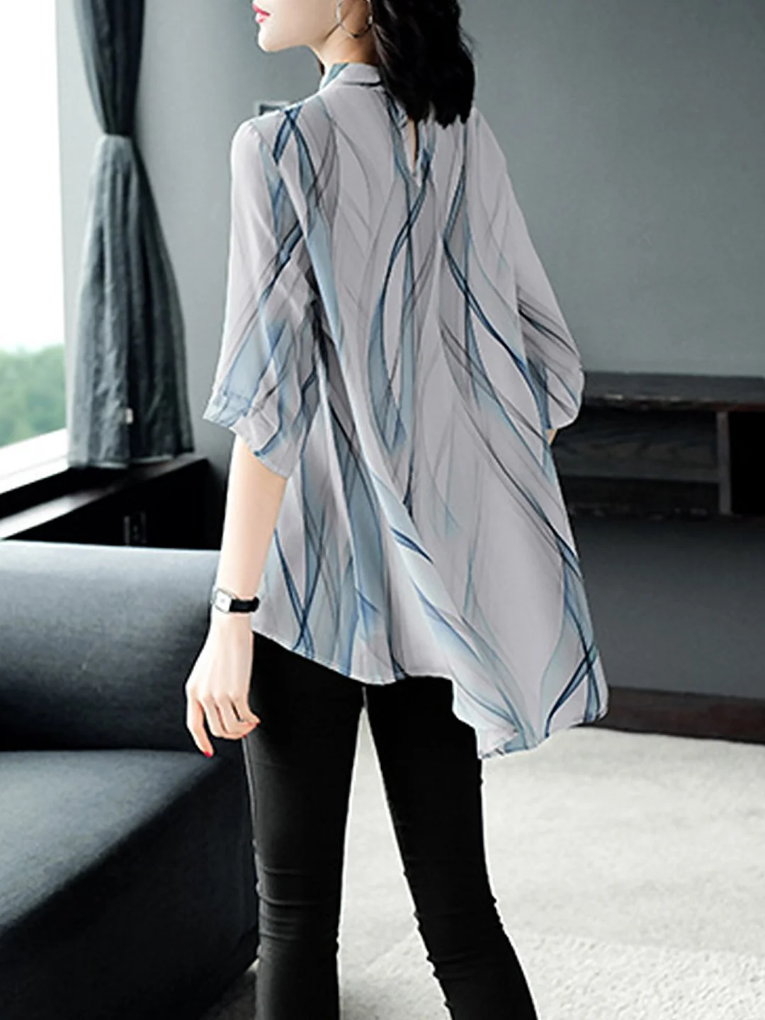 White Ombre/tie-Dye Stand Collar Casual Printed Top