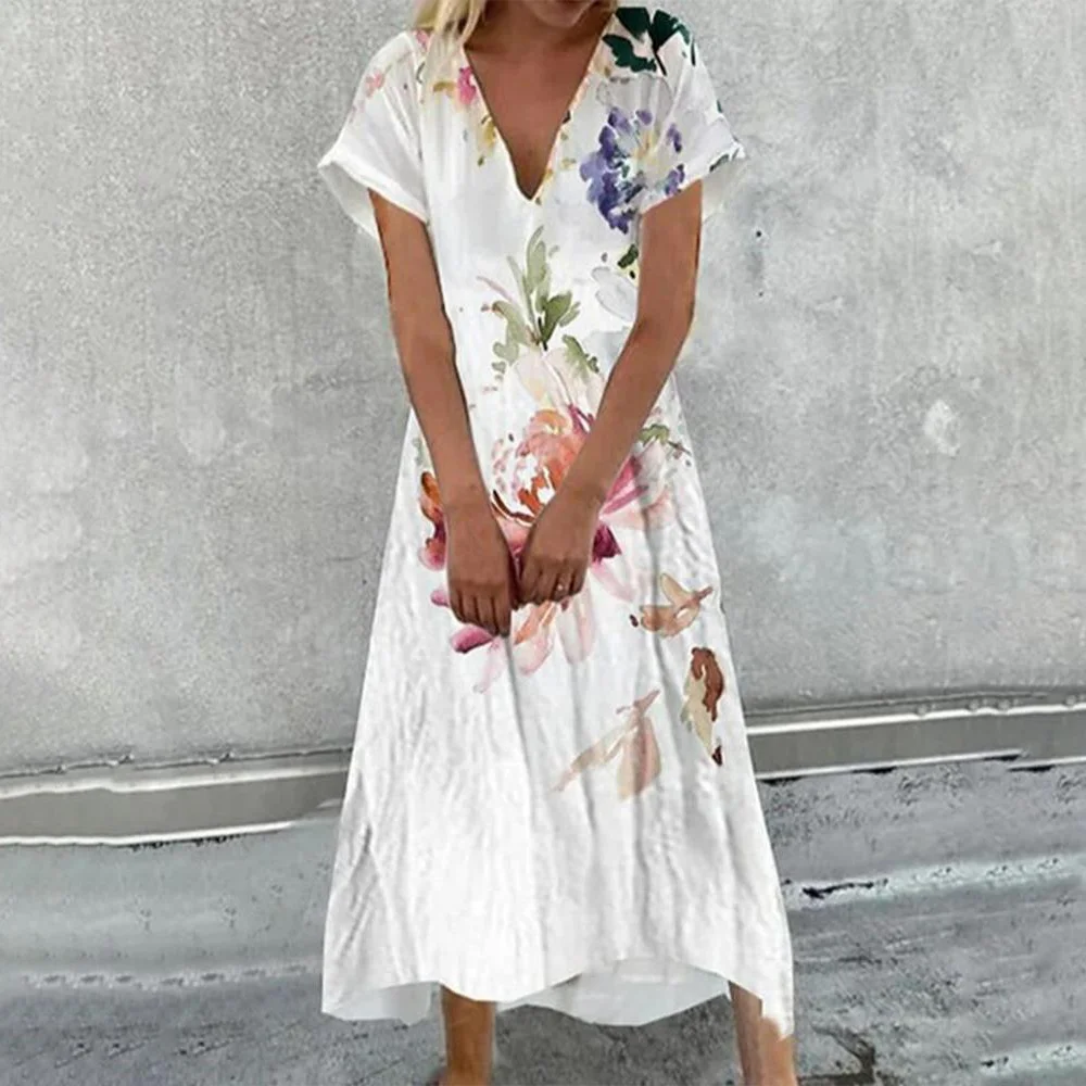 Fresh Floral Print Short Sleeve Maxi Dress